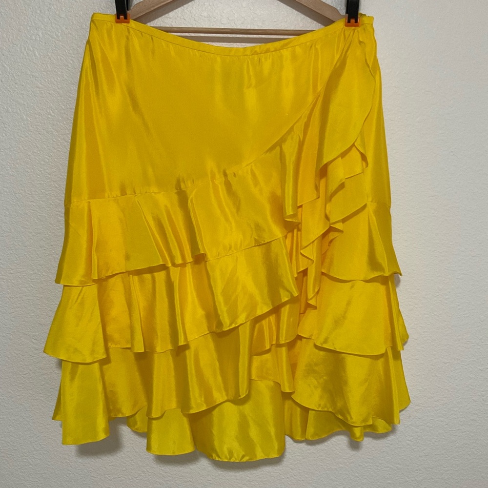 Vtg Ralph Lauren Ruffle 100% Silk Skirt Sz 16 Yellow Tiered Midi Y2K Fairycore